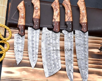 Handmade Damascus Steel Chef Knife Set: Rosewood & Olive Wood Handles