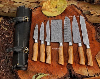 Handmade Damascus Steel Chef Knife Set, Damascus Steel Raindrop Chef Set, Kitchen knife set, Anniversary gift, Christmas gift, Gift for Chef