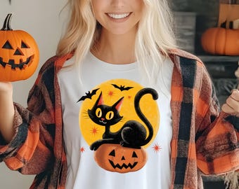 Vintage Halloween Black Cat T-Shirt: Retro Spooky Season Graphic Tee