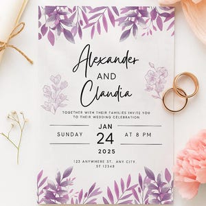 Purple floral wedding invitation, Printable purple floral template, Printable wedding invitation, Wildflower invitation