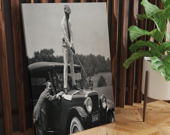 Vintage Golfer Teeing on Car Wall Art, Black and White Print, Sports Bar Wall Decor, Funny Wall Art Gift for Men