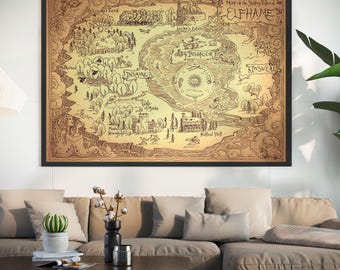 Mappa del mondo fantasy su tela: stile Lord of Art, pronta da appendere