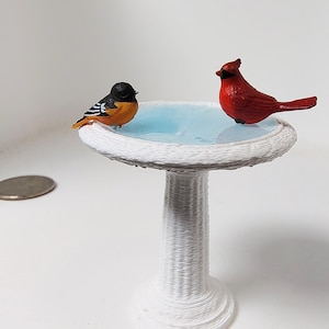 May include: A miniature white birdbath with a textured pedestal and a basin filled with light blue water. Two small bird figurines are perched on the rim: one is orange, black, and white, while the other is bright red with a black face mask.