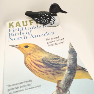May include: A wooden loon figurine with black, white, and speckled details rests on a field guide titled "KAUFMAN Field Guide to Birds of North America." The book cover features a yellow bird illustration and text that reads "The easiest guides for fast identification."