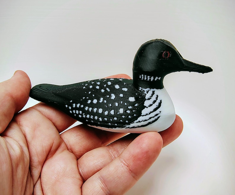 May include: A decorative loon figurine, featuring a black head and back with white polka dots on the wings. The bird has a white belly and a long, black beak. The figurine is held in a hand.