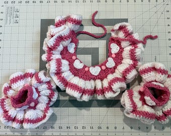 Pink and White Crochet Heart Clown Collar and Cuffs