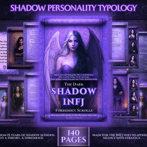 May include: Digital download graphic with the text "SHADOW PERSONALITY TYPOLOGY". The central image features a woman with angel and demon wings. The text reads "THE DARK SHADOW INFJ FORBIDDEN SCROLLS". The graphic includes 140 pages.
