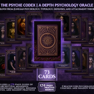 以下が含まれることがあります： 73枚のカードと170ページの練習マニュアルを備えた、The Psyche Codexオラクルデッキ。心理学者、コーチ、シャドウワーカー向けに設計されています。カードには女性の画像が描かれており、紫と金のテーマです。