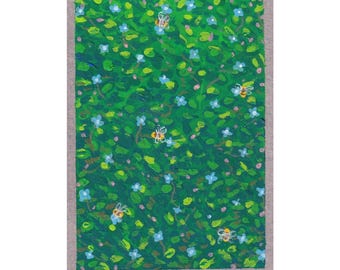 ACEO original artist trading card acrylic gouache painting sparkling flower field and honey bees