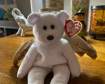 Halo 2 – 2000 – White Angel Bear – Retired Ty Beanie Baby – Gold Halo & Wings Plush
