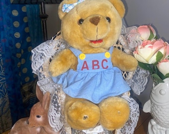 Vintage 1980s ABC Teddy Bear Plush–Blue Dress Teddy Bear–Girl Bear With Bow–Cute Nursery Stuffed Animal