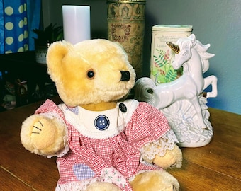 Rare Teddy Bear Victorian Ruffle Look Dress 11” Gift Vintage Blue