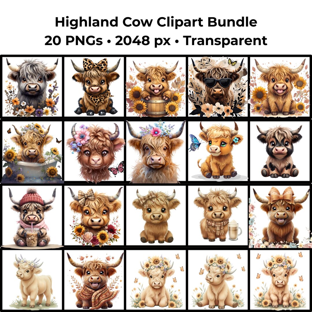 Highland Cow Clipart Bundle – 20 PNG Graphics, Commercial Use (instant ...