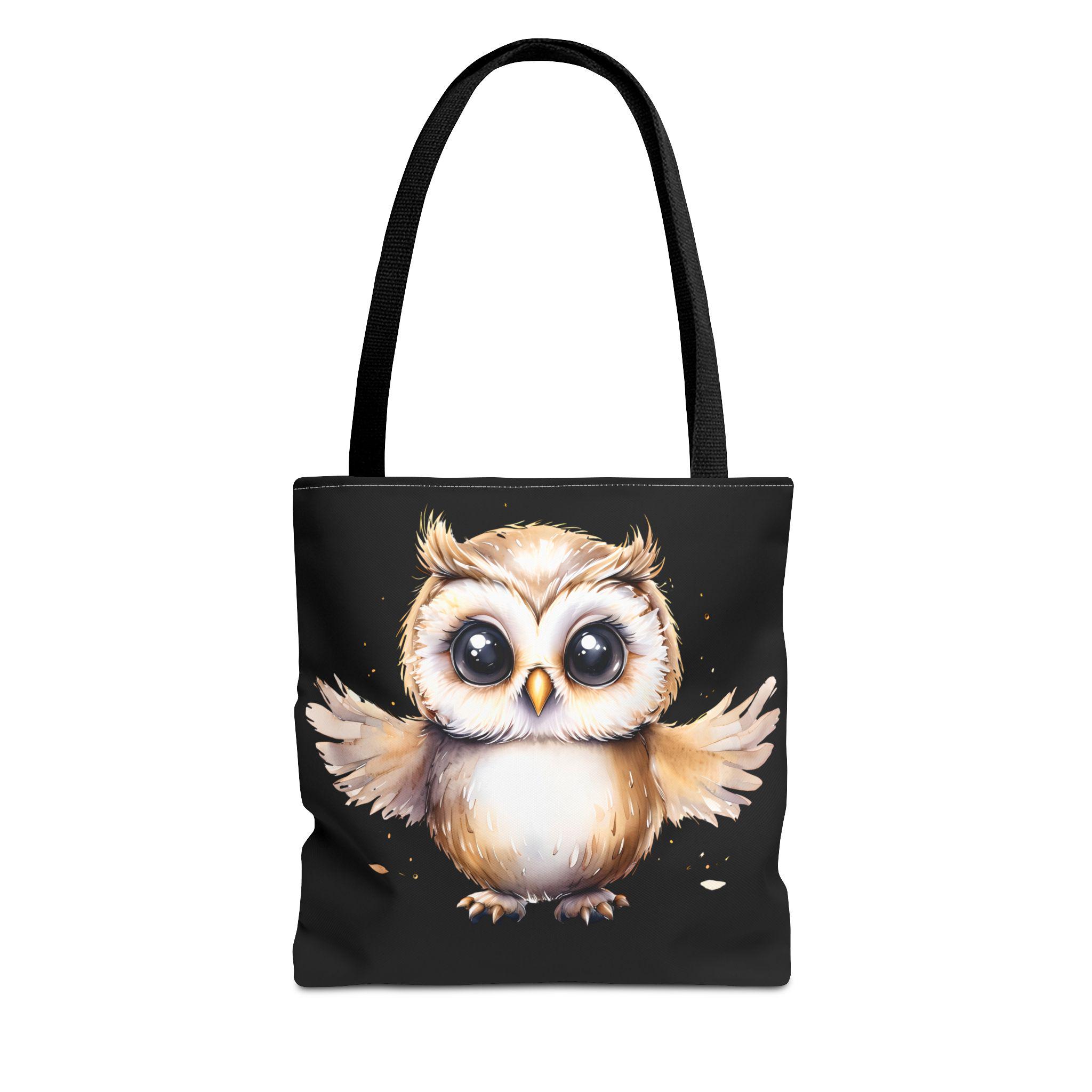 Watercolor Owl Tote Bag | Big Eyes, Black Canvas