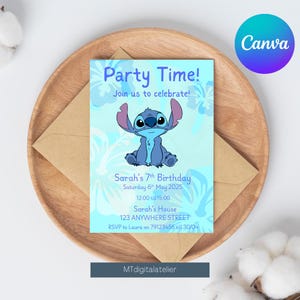 Editable Stitch Birthday Invitation | 5x7 Canva Template | Fun Blue Alien Invite | Instant Download | Digital Kids Party Invite