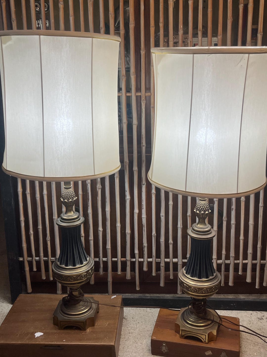 Vintage Stiffel Table Lamps Pair Hollywood Regency Brass Black Column ...