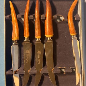 Puede incluir: Un juego de cinco cuchillos con mangos de asta marrón y hojas plateadas, presentados en una caja azul. Las hojas están grabadas con texto. Los cuchillos están diseñados para un propósito específico, probablemente para servir.