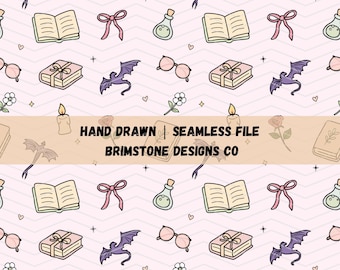 May include: A seamless pattern featuring hand-drawn illustrations of books, bats, potion bottles, glasses, bows, flowers, and gifts on a light pink background. The text "HAND DRAWN | SEAMLESS FILE BRIMSTONE DESIGNS CO" is also present.