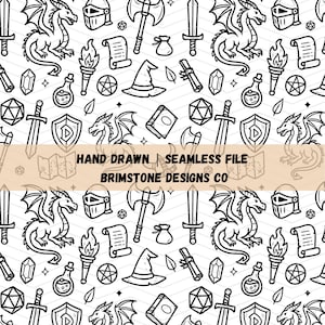 Puede incluir: Patrón sin costuras en blanco y negro con elementos de fantasía, como dragones, espadas, cascos y frascos de pociones. El diseño incluye el texto "HAND DRAWN | SEAMLESS FILE BRIMSTONE DESIGNS CO". Ideal para proyectos.