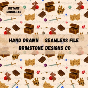 Peut inclure: Un fichier numérique sans couture avec un motif répété d'éléments fantastiques. Le motif comprend des coffres au trésor, des cartes, des épées, des crânes, des dragons, des pierres précieuses et des livres. Le texte "TÉLÉCHARGEMENT INSTANTANÉ" et "HAND DRAWN | SEAMLESS FILE" sont également présents.