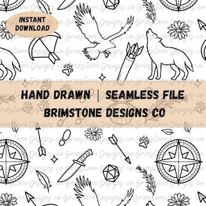 Può includere: Motivo senza cuciture in bianco e nero con illustrazioni disegnate a mano di un'aquila, un lupo, una bussola e altri elementi. Il testo "DOWNLOAD ISTANTANEO" e "HAND DRAWN | SEAMLESS FILE" sono inclusi.