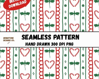 Dragon Christmas Candy Cane Stripes Seamless Pattern, Red and green xmas repeat pattern file 300 DPI PNG