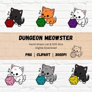 Puede incluir: Una descarga digital con seis gatos de dibujos animados con dados D20. Los gatos son de varios colores, incluyendo negro, naranja, blanco y gris. Los dados son rojos, verdes, morados, rosas, turquesas y amarillos. El texto dice "DUNGEON MEOWSTER".