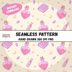 Peut inclure: Motif sans couture avec des fioles de potion en forme de cœur, des livres avec des cœurs, des cristaux, des étoiles et des croissants de lune. Le motif comprend le texte "INSTANT DOWNLOAD" et "SEAMLESS PATTERN HAND DRAWN 300 DPI PNG". La palette de couleurs est rose pâle, violet et crème.