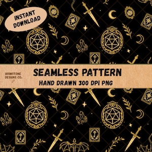 May include: Black seamless pattern with gold illustrations of swords, crystals, moons, and geometric shapes. The text "SEAMLESS PATTERN" and "HAND DRAWN 300 DPI PNG" are displayed. The words "INSTANT DOWNLOAD" are also visible.