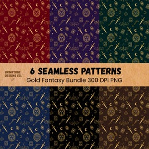 May include: Six seamless patterns in various colors, including red, purple, and blue, with gold fantasy-themed designs. The patterns feature swords, moons, and geometric shapes. The text reads "6 SEAMLESS PATTERNS Gold Fantasy Bundle 300 DPI PNG".