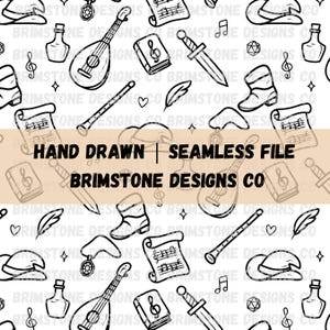 Puede incluir: Un patrón sin costuras en blanco y negro con ilustraciones dibujadas a mano de instrumentos musicales, espadas, botas, pergaminos y otros elementos de fantasía. También se incluye el texto "HAND DRAWN | SEAMLESS FILE" y "BRIMSTONE DESIGNS CO".