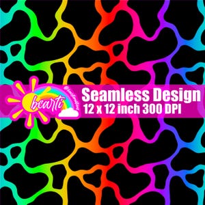 May include: A seamless design with a black background and a vibrant, colorful pattern. The pattern features irregular, organic shapes in shades of orange, yellow, green, blue, and purple. The design is 12 x 12 inches and 300 DPI.
