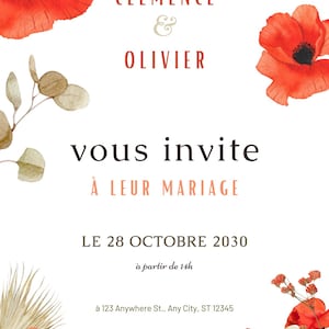 Red Floral Wedding Invitation – Boho Rustic Wedding Card – Poppy Printable Template – Digital Wedding Invite to Customize & Print