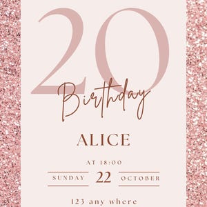 Roségoldene Geburtstagseinladung – Glitzer-Geburtstagsparty-Vorlage – Bearbeitbare digitale Karte – Druckbare Einladung für Sie – Glamouröses Design