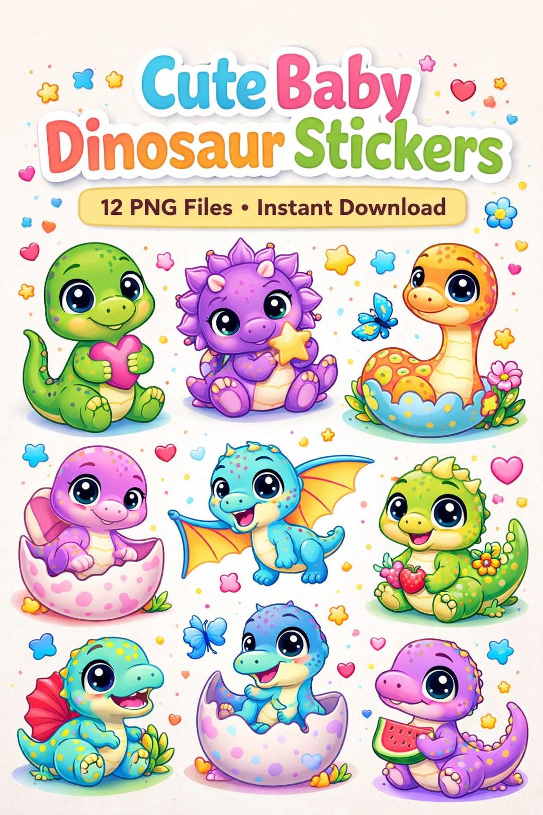 Cute Baby Dinosaur Stickers Printable, Kawaii Dino PNG Bundle, Kids ...