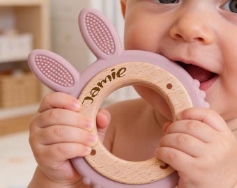 動物モチーフのベビー歯固めリング、カスタム刻印入り木製歯固めギフト、シリコン製歯固めおもちゃ、新生児ギフト、ベビーシャワーギフト