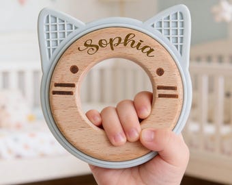 Personalized Baby Teething Ring, Custom Engraved Wooden Teether Gift for Baby, Animal Silicone Teething Toy, Newborn Gift, Baby Shower Gift