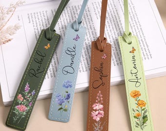 Personalized Leather Bookmark, Custom Flower Bookmark, Book Lover Gift, Bookmark Gift for Readers, Custom Name Bookmark, Gift for Her