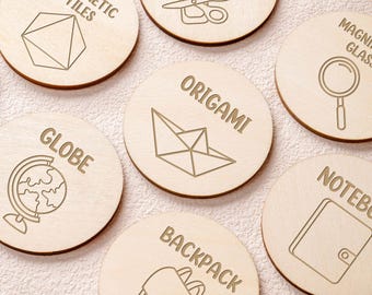 Wooden Toy Box Labels, Kids Room Organization Tags, Montessori Playroom Storage (2.4 inch)