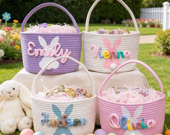 Personalized Easter Basket for Kids, Custom Baby Name Easter Basket, Fur Tail Bunny Easter Basket, Easter Egg Hunt Basket, Easter Gifts