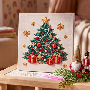 May include: A square canvas featuring a diamond art Christmas tree design with green, red, and gold beads. The tree is topped with a gold star and decorated with pearls and red ornaments. Three red gift boxes with gold ribbons sit at the base.