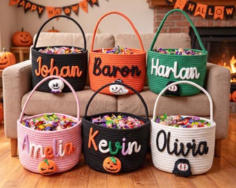 Custom Halloween Basket with Name, Trick or Treat Basket, Halloween Treat Bag for Boys & Girls