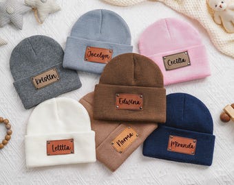 Custom Baby Beanie with Name, Personalized Newborn Baby Beanie Hat, 2025 Christmas Baby Gift, Leather Name Patch Beanie, Adult Kids Hat
