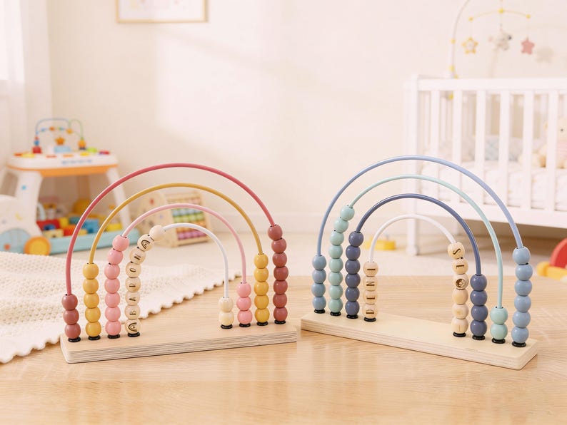 May include: Two wooden rainbow-shaped abacus toys. One has pink, yellow, and brown arches with pink and yellow beads. The other has blue, gray, and white arches with blue and gray beads. Each has a wooden base and beads with letters.