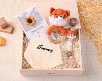 Personalized Newborn Baby Gift Box, Customized Baby Gift Set,New Baby Gift Box Set Animal Pacifier Clip Rattle Bib,2025 Christmas Baby Gift