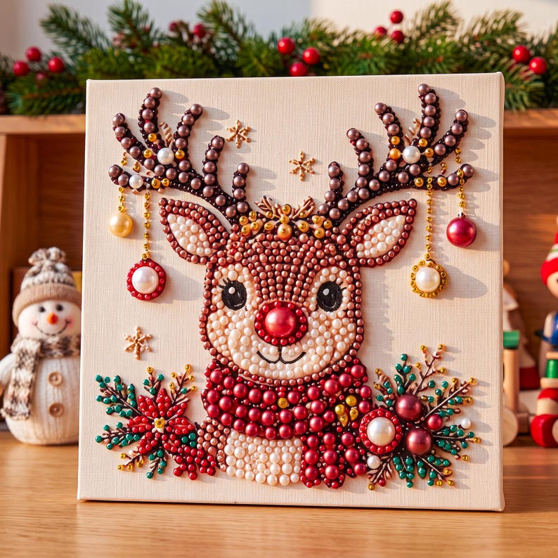 May include: A square canvas art piece featuring a reindeer head crafted from small, round, multi-colored beads. The reindeer has a bright red nose, a red scarf, and antlers decorated with hanging gold and red ornaments and small white pearls.