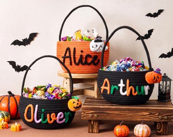 Custom Hand-Crocheted Halloween Treat Basket, Personalized Name Trick or Treat Bag, Gift for Boys & Girls