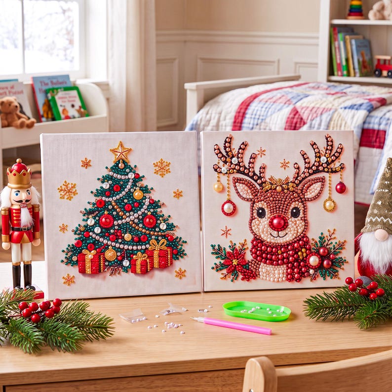 May include: Two square diamond painting canvases featuring Christmas themes. One canvas displays a decorated green Christmas tree with red ornaments and gifts. The other canvas shows a reindeer with antlers adorned with ornaments and poinsettias.