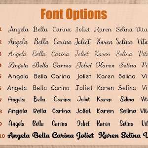 May include: A wooden sign displays "Font Options" in orange text. Below, ten font styles are shown, each with the names "Angela Bella Carina Joliet Karen Selina Vita" in different fonts. The fonts range from simple to decorative.