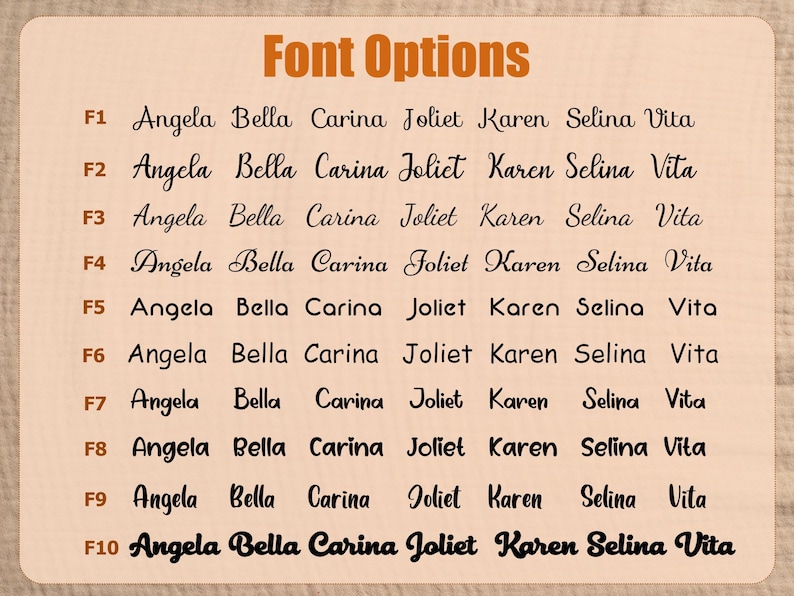 May include: A wooden sign displays "Font Options" in orange text. Below, ten font styles are shown, each with the names "Angela Bella Carina Joliet Karen Selina Vita" in different fonts. The fonts range from simple to decorative.